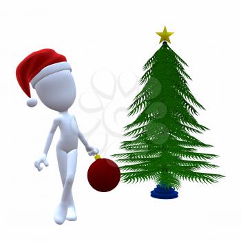Royalty Free Clipart Image of a 3D Guy Decorating a Christmas Tree