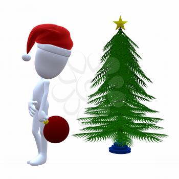 Royalty Free Clipart Image of a 3D Guy Decorating a Christmas Tree