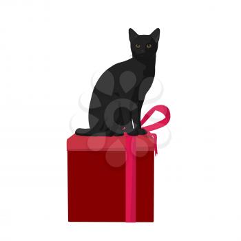 Royalty Free Clipart Image of a Black Cat and a Gift Box