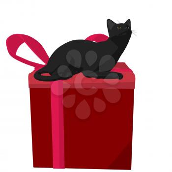 Royalty Free Clipart Image of a Black Cat and a Gift 