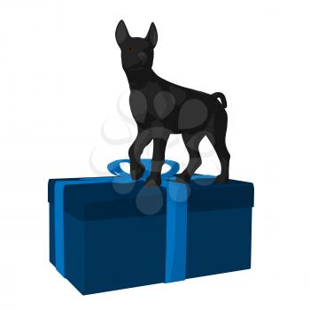 Royalty Free Clipart Image of a Black Pup and a Gift