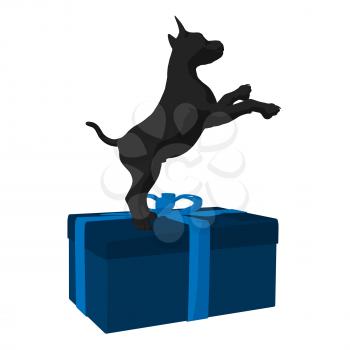 Royalty Free Clipart Image of a Black Pup and a Gift