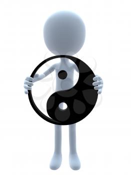 Royalty Free Clipart Image of a 3D Guy Holding a Yin Yang Symbol