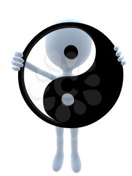 Royalty Free Clipart Image of a 3D Guy Holding a Yin Yang Symbol