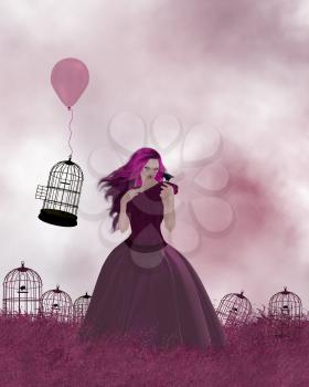 Young woman standing in a field of birdcages and pink grass