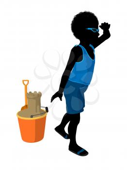 African american beach boy with sand castle illustration silhouette on a white background