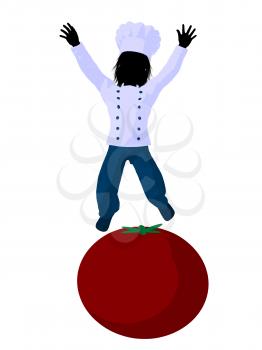 Royalty Free Clipart Image of a Boy Chef on a Tomato