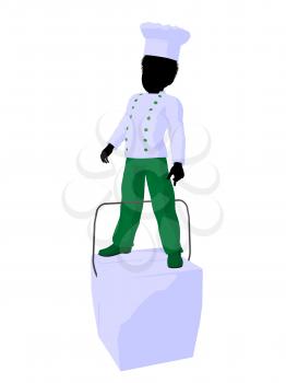 Royalty Free Clipart Image of a Boy Chef on a Takeout Box