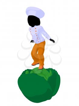 Royalty Free Clipart Image of a Child Chef on a Cabbage