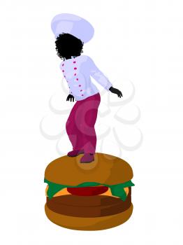 Royalty Free Clipart Image of a Girl Chef on a Hamburger