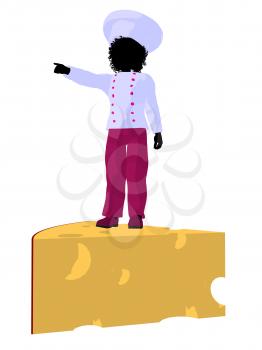 Royalty Free Clipart Image of a Girl Chef on a Piece of Cheese