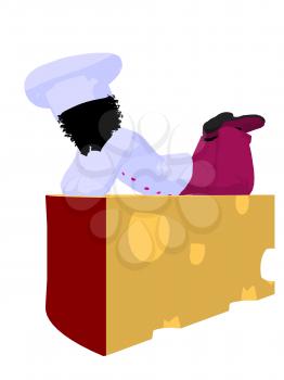 Royalty Free Clipart Image of a Girl Chef on a Piece of Cheese