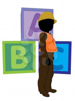 Royalty Free Clipart Image of a Boy Child in a Hardhat in Front of ABC Blocks