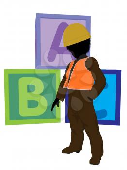 Royalty Free Clipart Image of a Boy Child in a Hardhat in Front of ABC Blocks