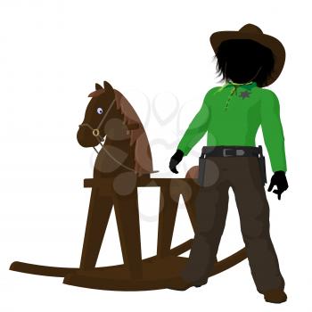 Royalty Free Clipart Image of a Little Cowboy and Rocking Horse