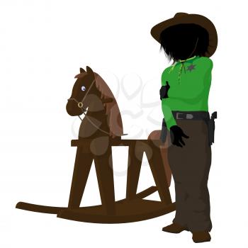 Royalty Free Clipart Image of a Little Cowboy and Rocking Horse