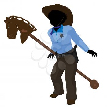 Royalty Free Clipart Image of a Little Cowboy and Toy Horse