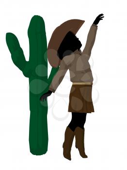 Royalty Free Clipart Image of a Cowgirl Beside a Cactus