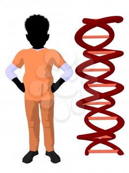 Royalty Free Clipart Image of a Boy Doctor Beside DNA