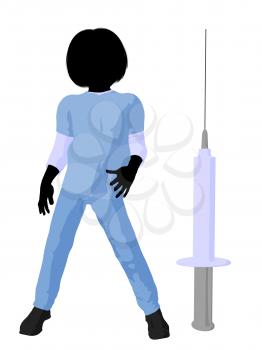 Royalty Free Clipart Image of a Girl Doctor Beside a Syringe