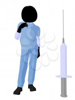 Royalty Free Clipart Image of a Girl Doctor Beside a Syringe