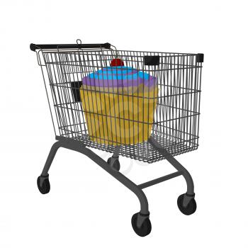 Royalty Free Clipart Image of a Cupcake in a Shopping Cart