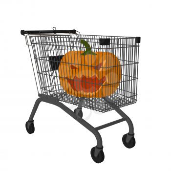 Royalty Free Clipart Image of a Carved Pumpkin in a Shopping Cart