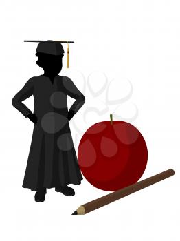 Royalty Free Clipart Image of a Graduate Beside a Large Apple and Pencil