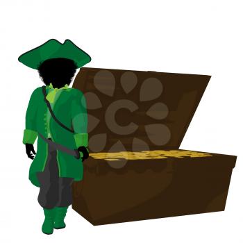 Royalty Free Clipart Image of a Little Pirate and a Treasure Chest