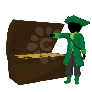 Royalty Free Clipart Image of a Little Pirate and a Treasure Chest