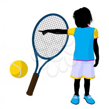 Royalty Free Clipart Image of a Child With a Tennis Racket and Ball