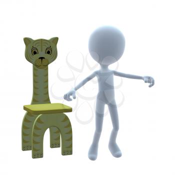 3D guy with a lion childs chair on a white background