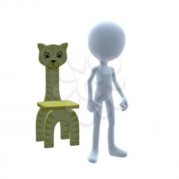 3D guy with a lion childs chair on a white background