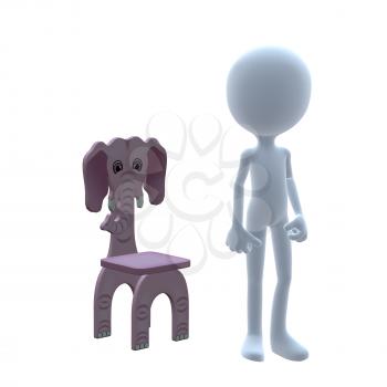 Royalty Free Clipart Image of a 3D Boy With an Elephant Chair