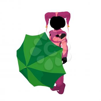 Royalty Free Clipart Image of a Child Clown With an Umbrella