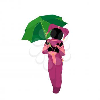 Royalty Free Clipart Image of a Child Clown With an Umbrella