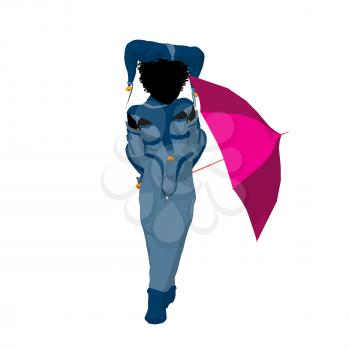 Royalty Free Clipart Image of a Little Jester With an Umbrella