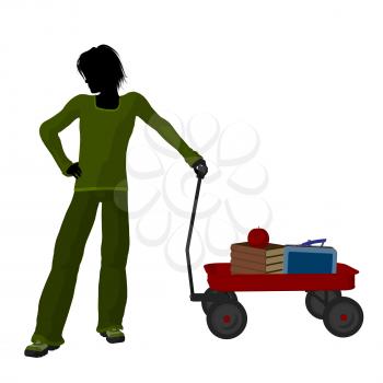 Royalty Free Clipart Image of a Boy With Schoolbooks and an Apple in a Wagon