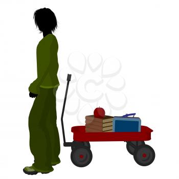 Royalty Free Clipart Image of a Boy With Schoolbooks and an Apple in a Wagon