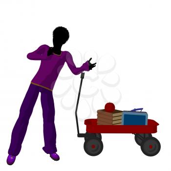 Royalty Free Clipart Image of a Boy With Schoolbooks in a Wagon