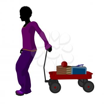 Royalty Free Clipart Image of a Boy With Schoolbooks in a Wagon