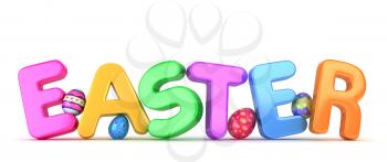 3D Illustration of Easter Eggs and the Word Easter
