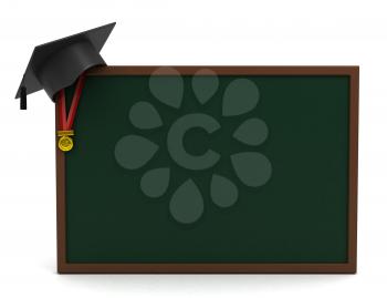 3D Illustration of a Graduation Cap Placed on a Blank Board