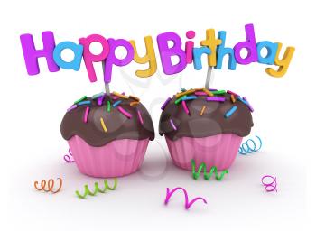 3D Illustration of Twin Cupcakes with Birthday Greetings Attached