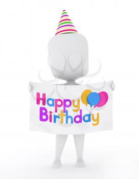3D Illustration of a Man Carrying a Banner with Birthday Greetings