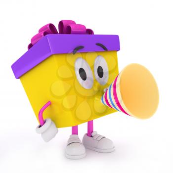 3D Illustration of a Gift Character Using a Paper Trumpet