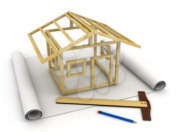 3D Illustration of a Model Skeleton House on top of a Blank Plan