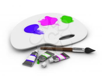 3D Illustration of a Palette with Tubes of Paints Nearby