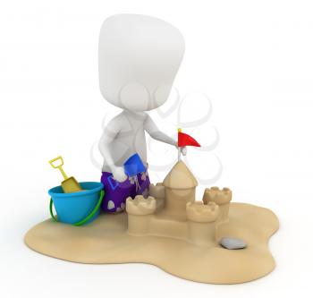 3D Illustration of a Kid Making a Sand Castle