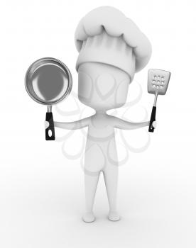 3D Illustration of a Chef Holding Kitchen Utensils